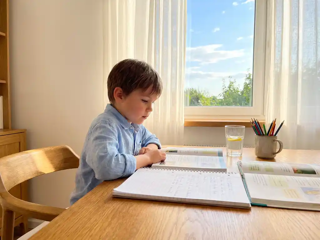 Kind dat studeert aan houten bureau bij zonnig raam, met open schoolboeken, notitieboek, potloden en een glas water.