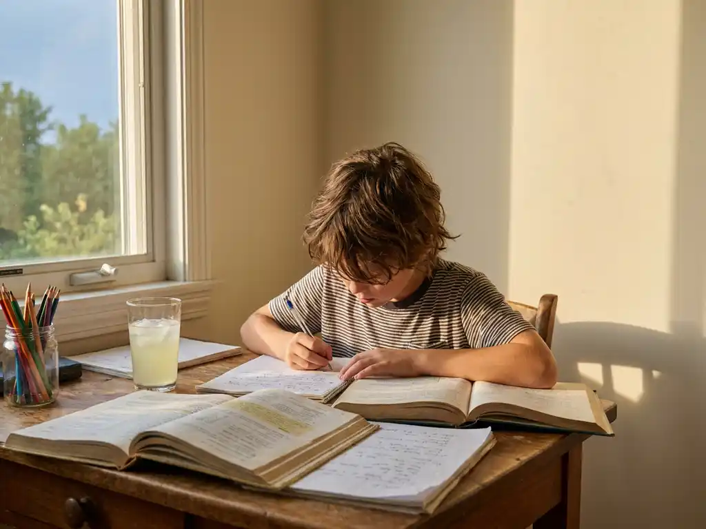 Kind studeert geconcentreerd aan houten bureau met schoolboeken en notities, zomers zonlicht en limonade op de achtergrond.