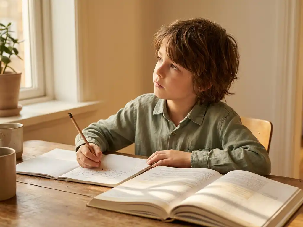 Kind aan houten bureau met open schoolboek en schrift, potlood in hand, warm zomers raamlicht.