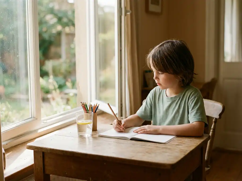 Kind werkt rustig in notitieboek aan houten bureau bij open raam met zomers zonlicht en gekleurde potloden.