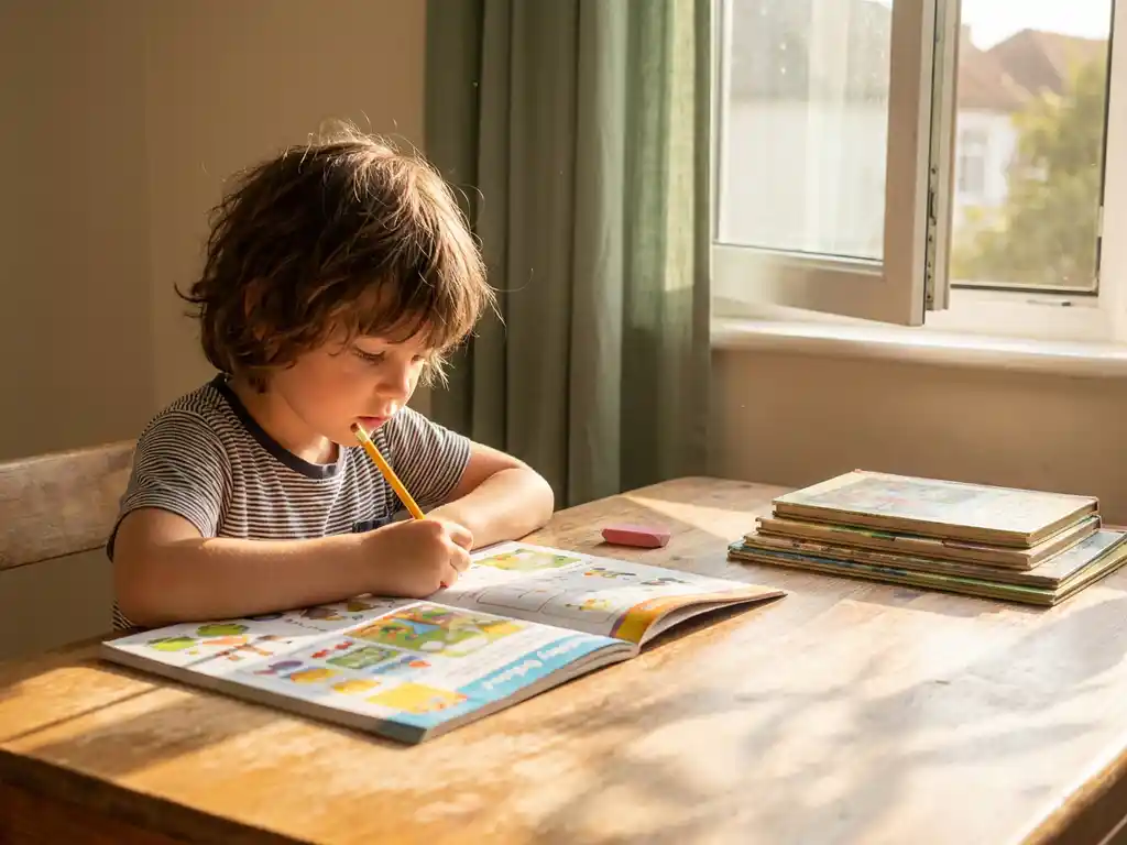 Kind werkt geconcentreerd aan een kleurrijk werkboek aan een houten bureau bij een open raam in warm zomerlicht.