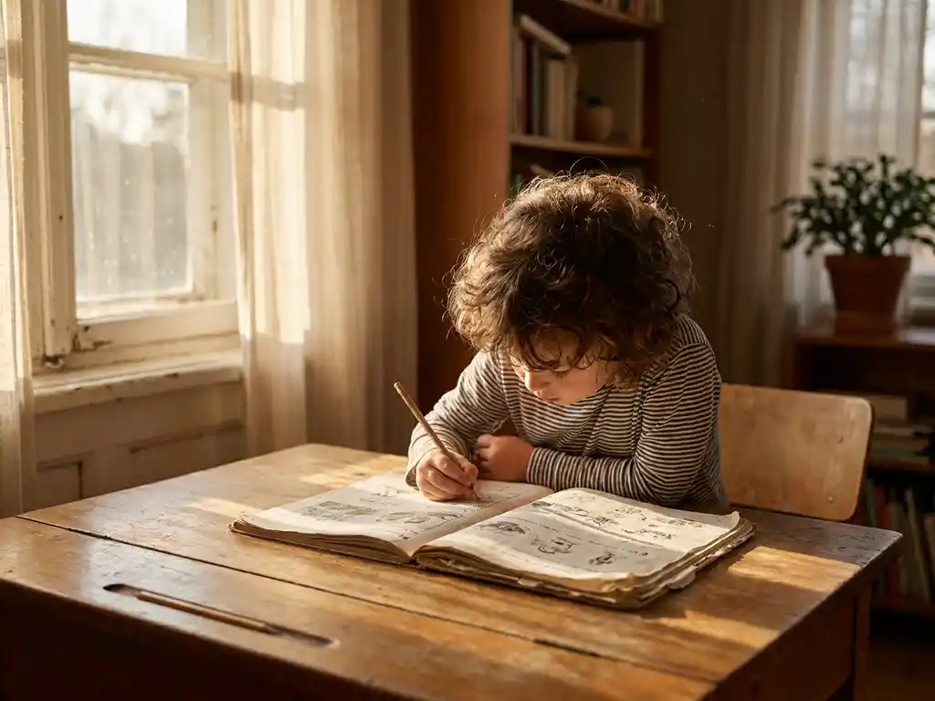 Kind aan houten bureau met werkboek en potlood, studerend tijdens zomervakantie in warm middaglicht.