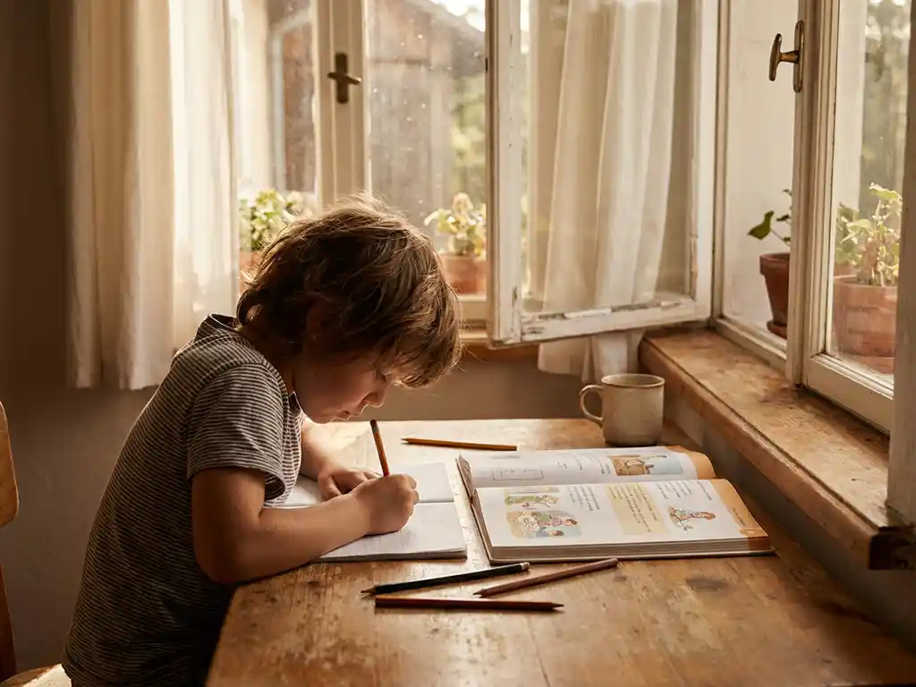 Kind dat studeert aan houten bureau bij open raam, met tekstboeken en potlood in warm zomers daglicht.