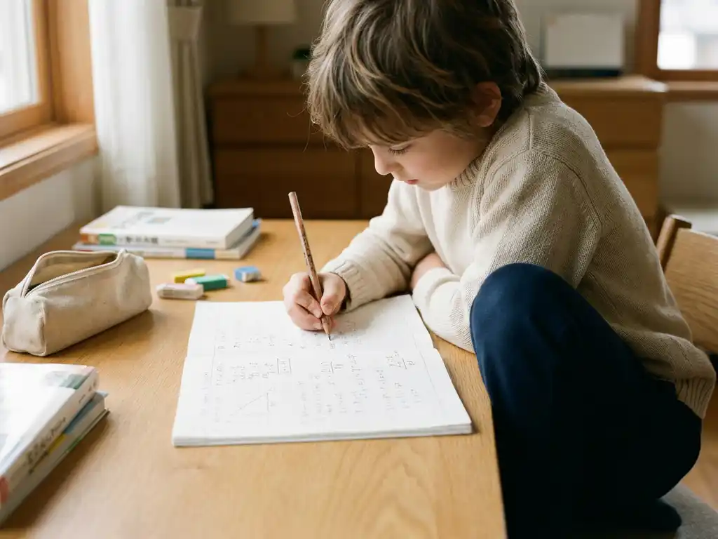 Kind aan houten bureau dat wiskundeopdrachten maakt in schrift, potlood in hand, schoolspullen en warm natuurlijk licht op de achtergrond.