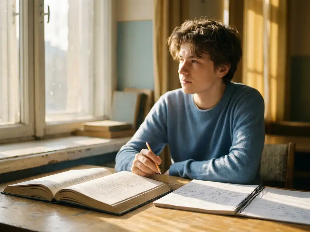 Student aan houten bureau met open tekstboek en notitieboek, afgeleid blikend in warm middagzonlicht.