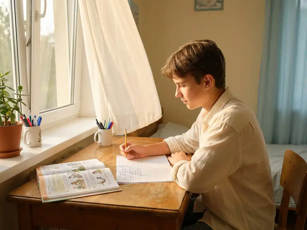 Student aan houten bureau bij zonnig raam, schrijft in notitieboek naast open studieboek in warm zomers daglicht.