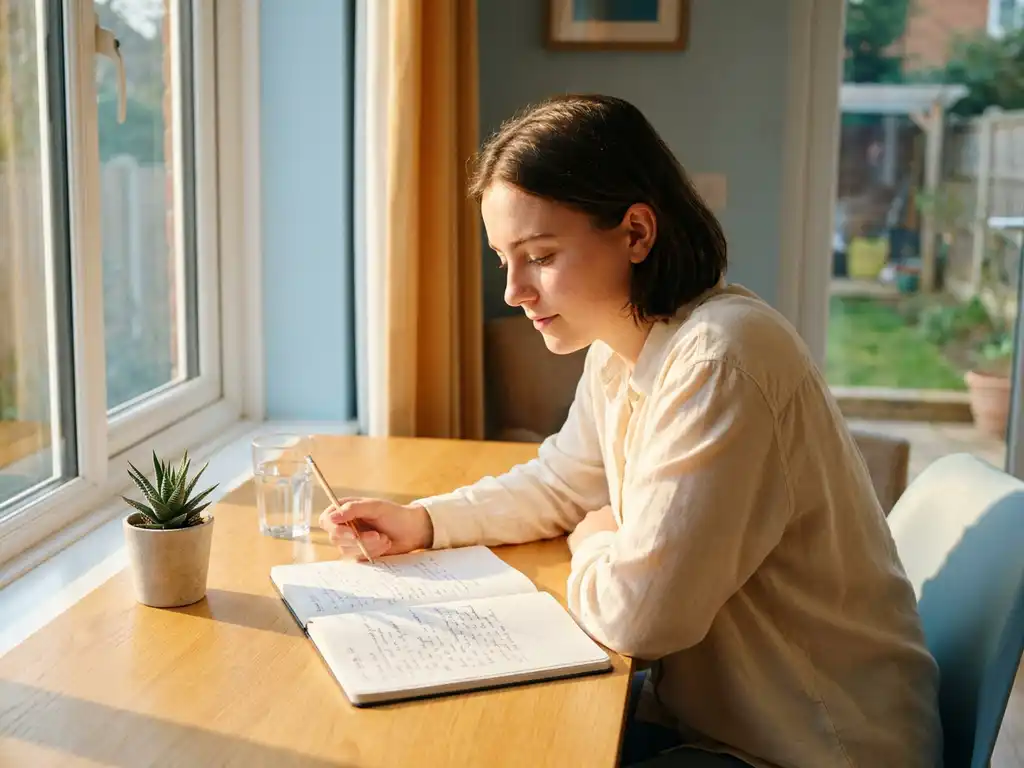 Student schrijft in open notitieboek aan een zonnig houten bureau met plant en glas water, warme zomerse belichting.