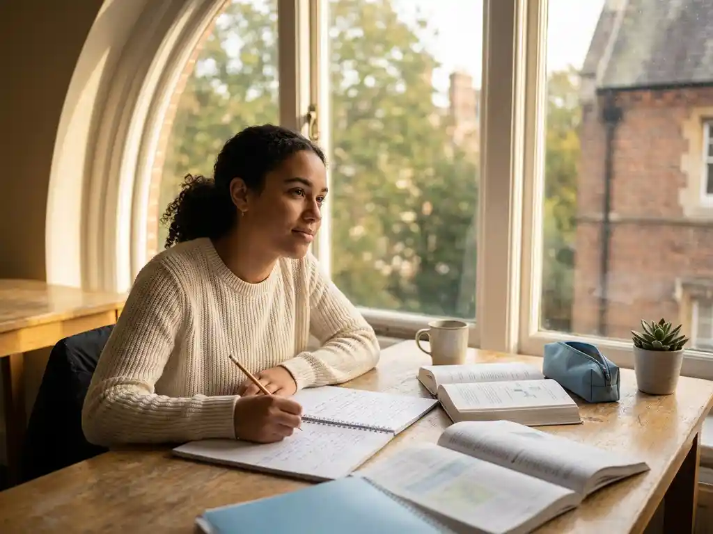 Jonge student aan een houten bureau bij een zonnig raam, studerend met open boeken en notitieboek in hand.