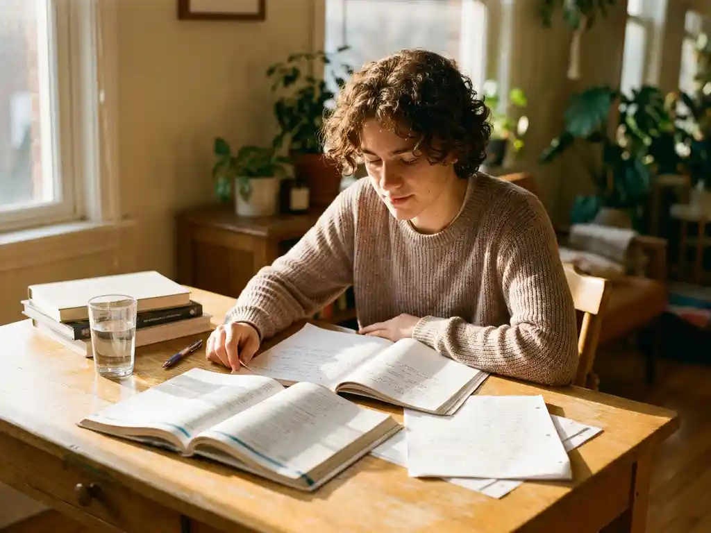 Tiener studeert aan houten bureau met open studieboeken en notities in warm zomers zonlicht.