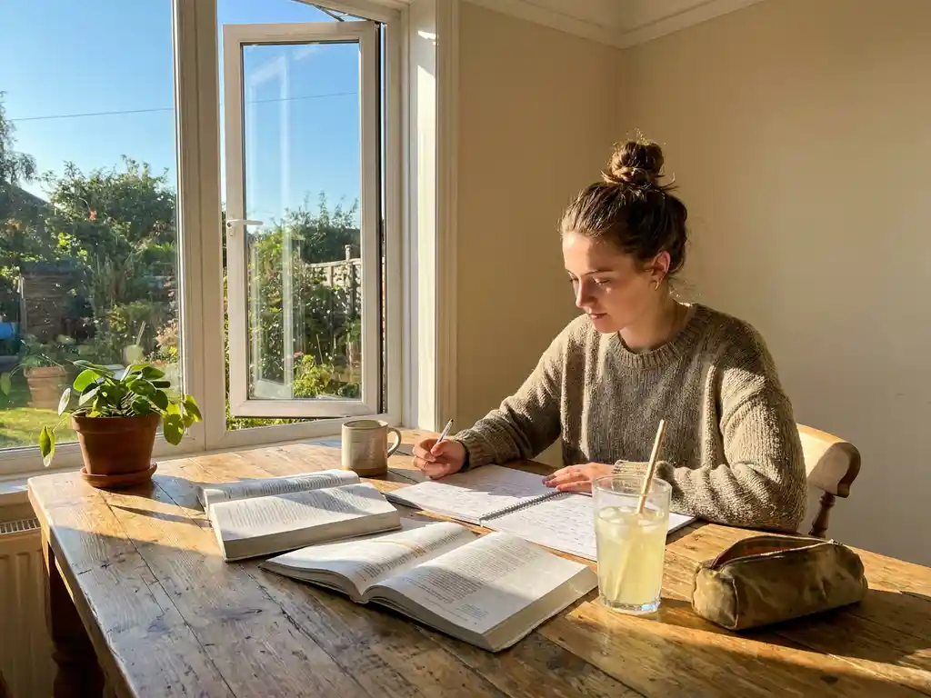 Student studeert aan houten bureau bij open raam met zomerzonlicht op open leerboeken en een glas limonade.