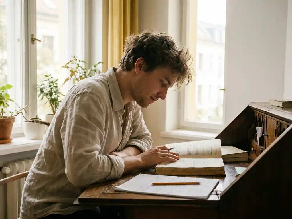 Jonge student die studeert aan houten bureau bij zonnig raam, met open leerboeken en potlood in warm zomerlicht.