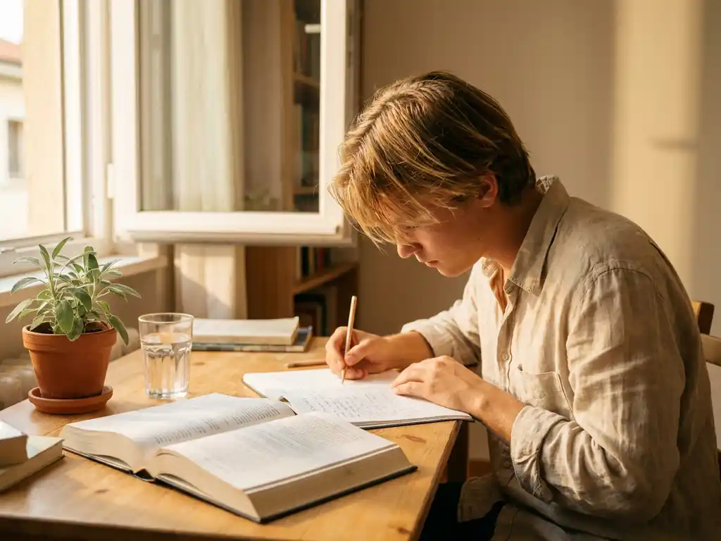 Student studeert aan houten bureau bij open raam, schrijft in notitieboek met natuurlijk zomerlicht en kleine plant op achtergrond.