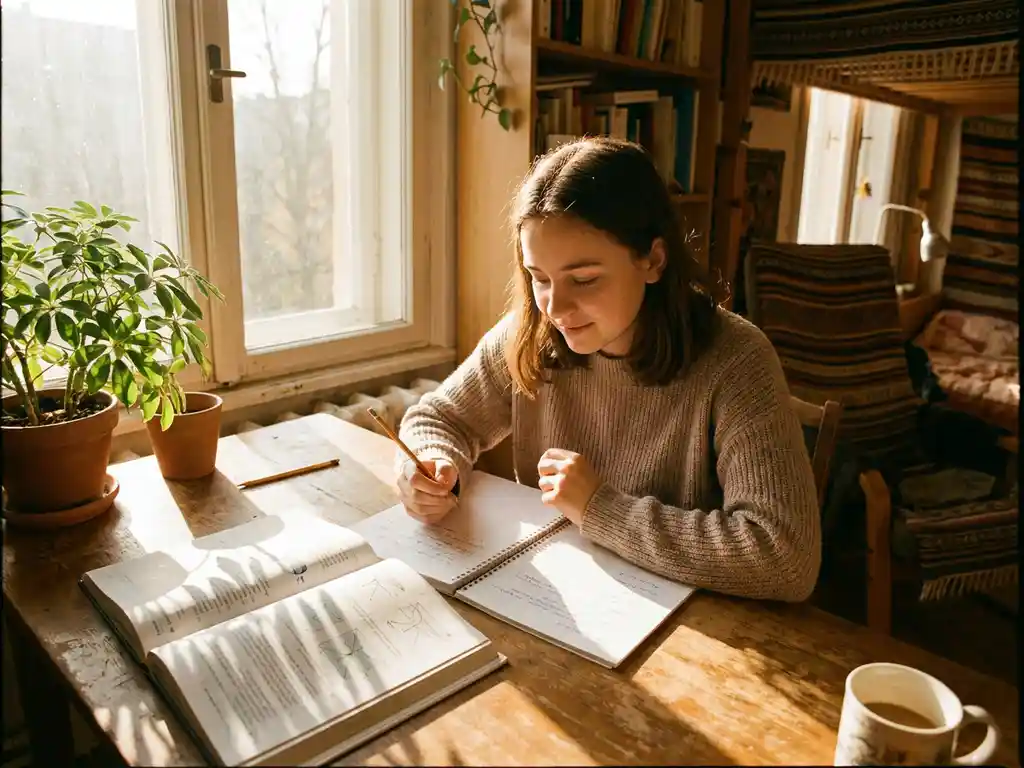 Student studeert aan houten bureau bij zonnig raam met open leerboek en notitieboek in hand.