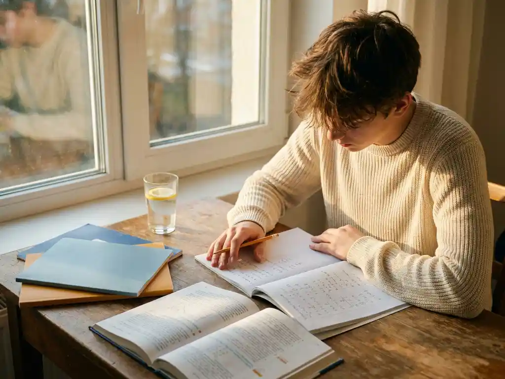 Tiener studeert aan houten bureau met open wiskundeboek, notitieboeken en een glas water in warm natuurlijk daglicht.