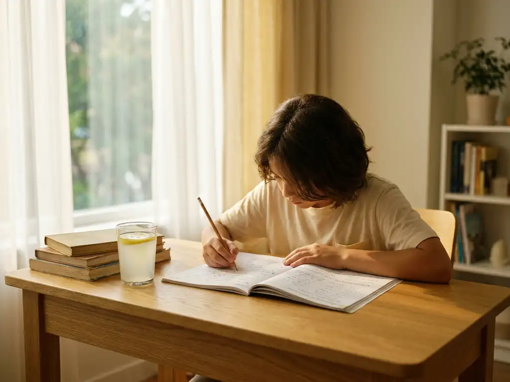 Student werkt geconcentreerd aan een werkboek aan een houten bureau bij een zonnig raam, met limonade en studieboeken.