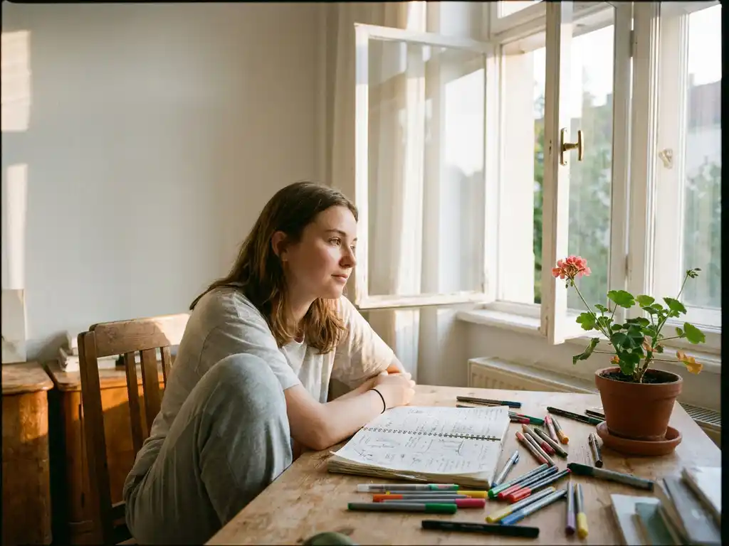 Student schrijft in notitieboek aan zonnig houten bureau bij open raam, omringd door gekleurde pennen en een zomerplant.
