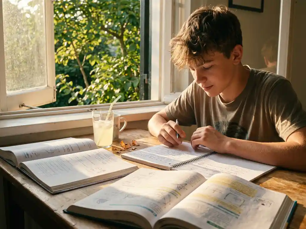 Tiener studeert aan houten bureau bij open raam met zomers zonlicht op opengeslagen studieboeken en een glas limonade.