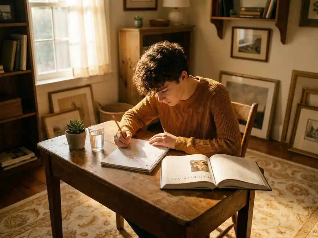 Tiener studeert geconcentreerd aan houten bureau bij zonnig raam, met open tekstboek, aantekeningen en potlood in hand.