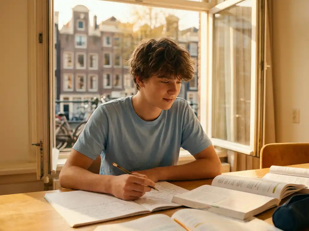 Tiener studeert aan houten bureau bij open raam met zomers middaglicht, leerboeken en notitieboek open, potlood in hand.