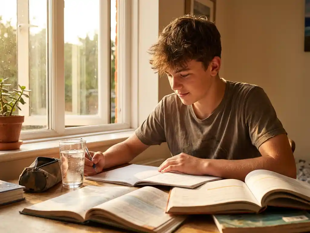 Tiener die studeert aan houten bureau bij open raam, zomerzon op opengeslagen schoolboeken en notitieboek, glas water erbij.