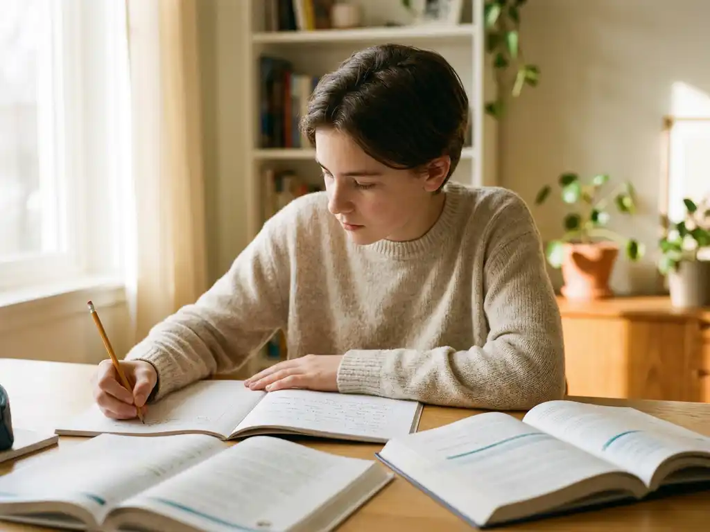 Geconcentreerde tiener studeert aan houten bureau met open leerboeken en notitieboek in natuurlijk daglicht.