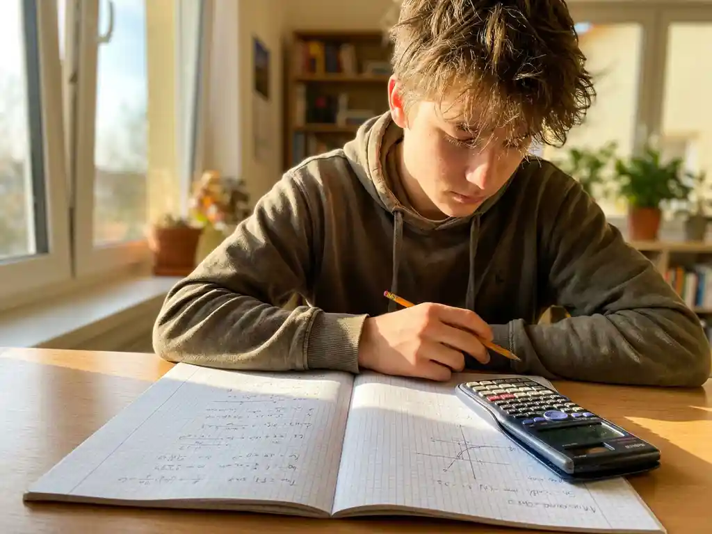 Tiener lost wiskundige vergelijkingen op in een schrift aan een houten bureau, met een wetenschappelijke rekenmachine en zomers zonlicht op millimeterpapier.