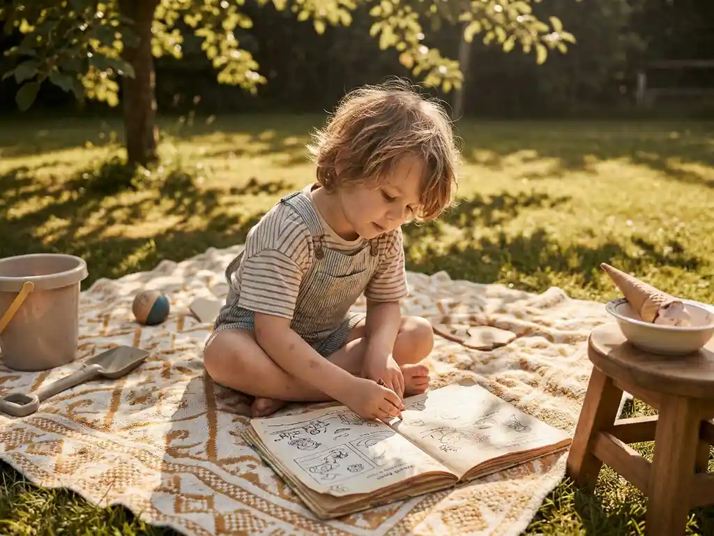 Kind zit gekruisbeens op zonnige tuindeken met werkboek op schoot, omringd door speelgoed en ijs, in warm middaglicht.