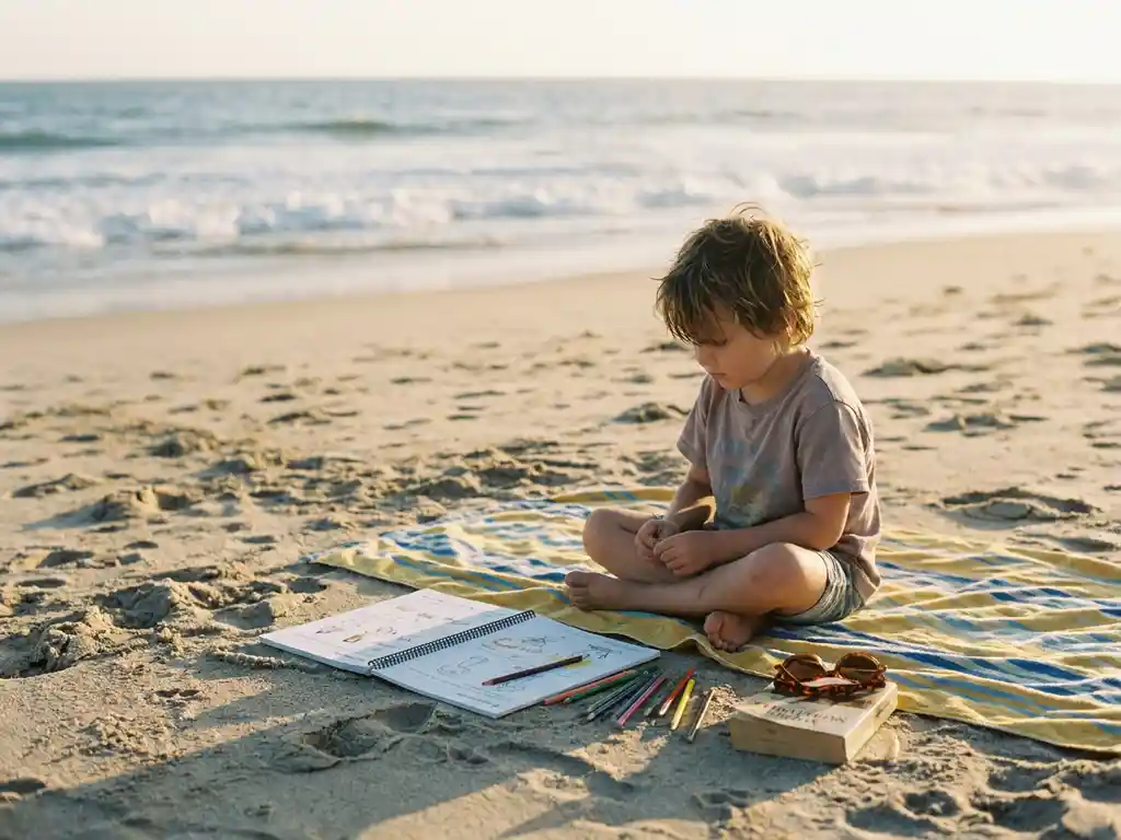 Kind zit gekruisd op strandlaken en werkt in een schrift, omringd door kleurpotloden, zonnebril en roman, zachte golven op achtergrond.